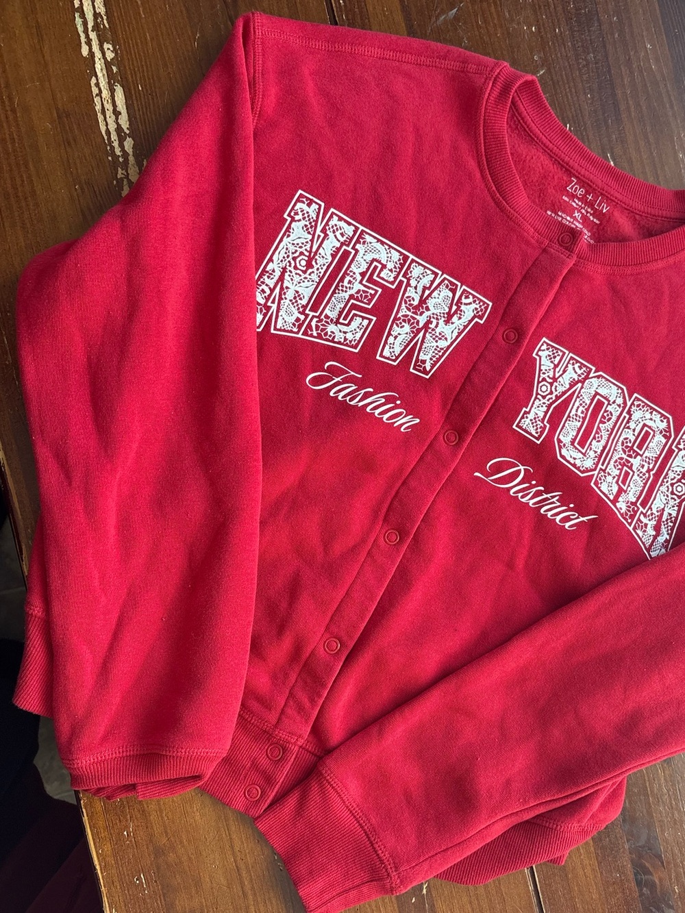 Zoe + Liv Red 'New York' Graphic Snap-Front Sweatshirt